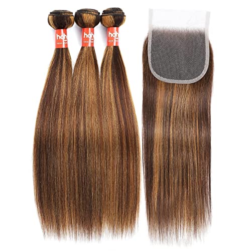 Brazilian Human Hair Bundles With 4x4 Closure P4/27 Honey Blonde
