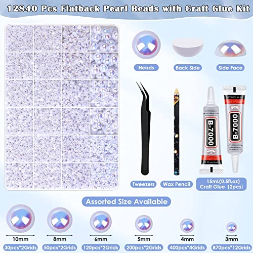 12900pcs Half Pearl Beads Assorted Sizes with Craft Glue