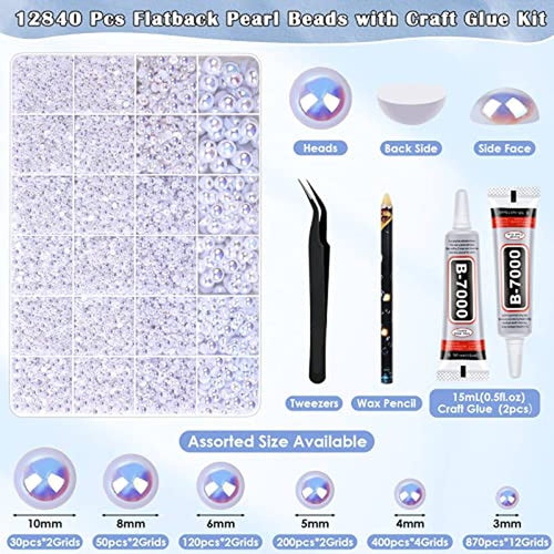 12900pcs Half Pearl Beads Assorted Sizes with Craft Glue