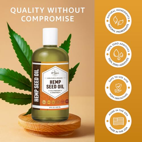Organic Hemp Seed Oil (8 oz) Premium Cold Pressed Unrefined | 100% Pure Hemp Seed Oil for Skin, Face, Hair, Soap Making, Massage | Carrier for Essential Oils | Available in Bulk | 8 FL OZ