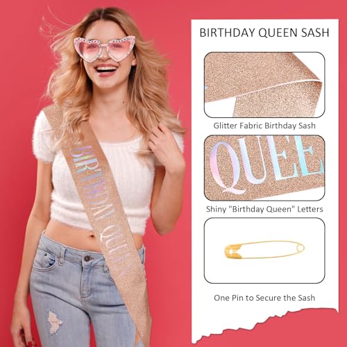 Birthday Queen Sash and Glasses Set for Women - Rose Gold