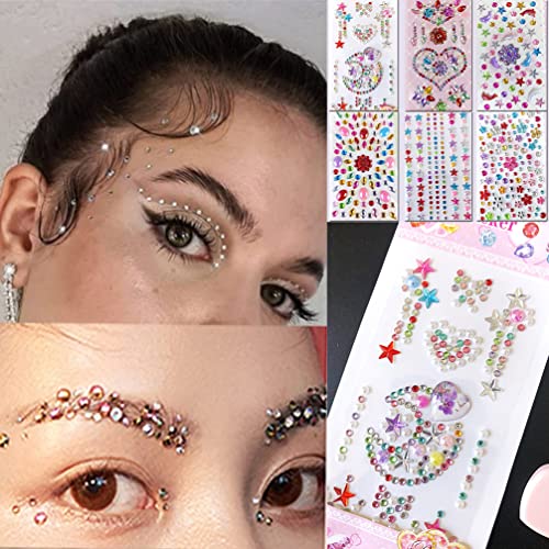 6-Sheet Rhinestone Face Gems Stickers - Reusable Body Art