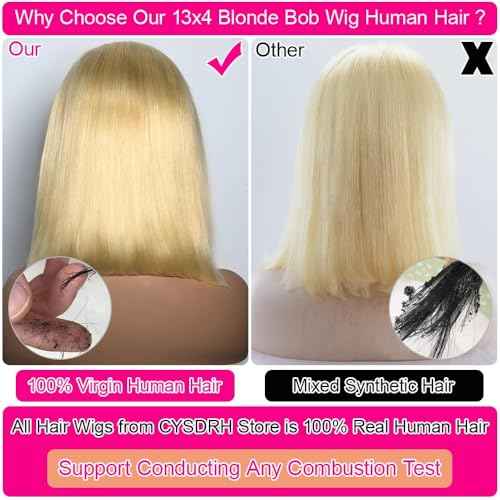 Bob Wig Human Hair 13x4 HD Lace Frontal Short Straight Lace Front Bob Wigs for Black Women Human Hair Pre Plucked Glueless Side Part 200% Density 613 Blonde Color 10 Inch