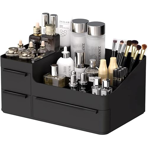 Makeup Organizer for Vanity, Bathroom Countertop Storage Display Boxes Case,Stackable Cosmetic Holder for Jewelry Hair Accessories Beauty Skincare Product Organizing with drawer organizer tray, Black