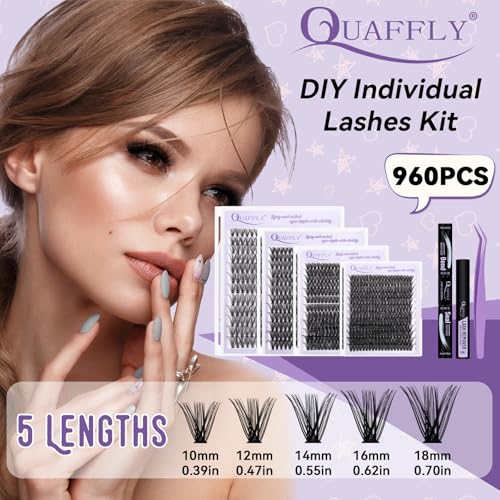 Lash Extension Kit 960Pcs D Curl Individual Lashes Kit Includes 4 styles of Lash Bond and Seal Remover and Tweezers (10-18MM-30+40+60+80D)