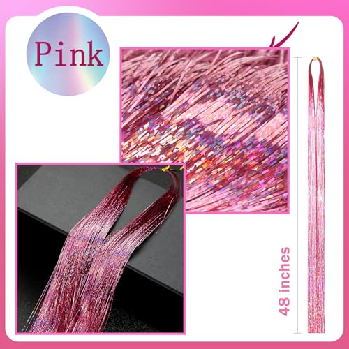 NIACONN Pink Glitter Hair Tinsel Extensions Kit - 18 Strands, 48 Inch
