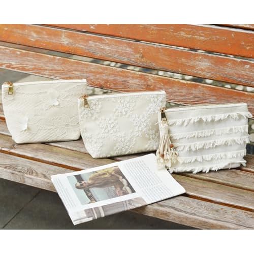 Canvas Cosmetic Bag Handmade Embroidered Lace Makeup Bag Large Capacity Natural Linen Make Up Pouch Purse Organizer Boho Travel Toiletry Bag for Women (tassel)