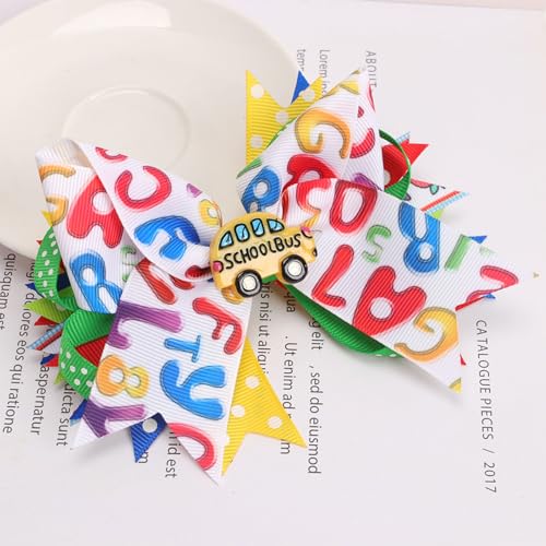 2Pcs School Bows for Girls, Back To School Hair Accessories, Cute Back To School Ribbon Bow Bus Designs Bows Hair Clips for Baby Girls' First Day of School Students Hair Decoration