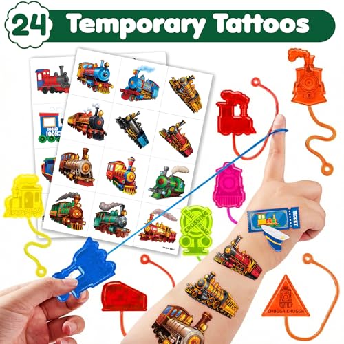 48PCS Train Party Favors - 24PCS Temporary Tattoos & 24PCS Stick Hands Party - Perfect Birthday Party Supplies, Goodie Bag Stuffers, Treasure Box Toys, Classroom Prizes, and Student Gifts