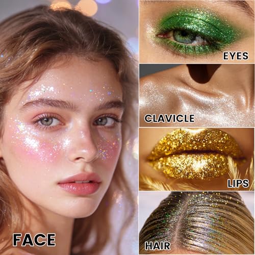 Pastel Rolling Glitter, Shimmer Gel for Face Body & Hair, Sparkling Holographic Roll-on Sequins for Singer Concert Rave Festival Halloween Party Carnival, 1.7 fl.oz