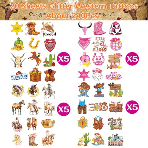 20 Sheets Glitter Western Temporary Tattoos - Cowboy Cowgirl Horse