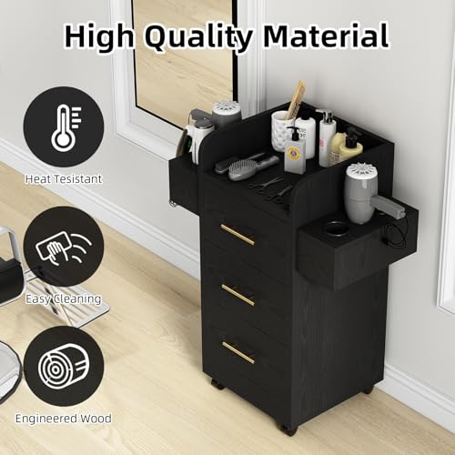 Rolling Salon Station with 6 Hair Dryer Holders & 3 Drawers