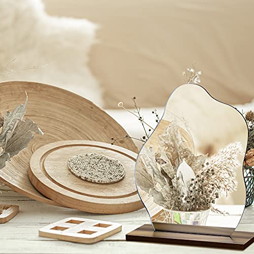 Blulu 2 Pack Acrylic Makeup Mirror Irregular Aesthetic Vanity Mirror with Wooden Stand Desk Frameless Decor Asymmetrical Cloud Wavy for Bedroom Living Room Minimal Spaces Decor