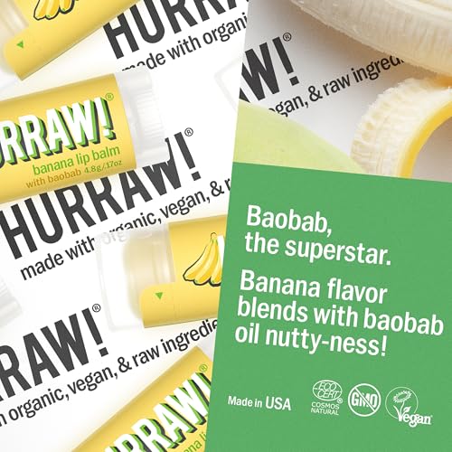 Hurraw! Banana Lip Balm, 3 Pack: Organic, Certified Vegan, Cruelty and Gluten Free. Non-GMO, 100% Natural Ingredients. Bee, Shea, Soy and Palm Free. Made in USA