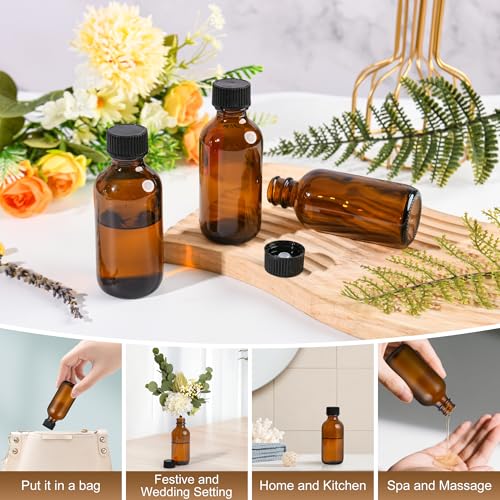 Small Glass Bottles with Lids Boston Round Shot Bottles for Health, Immunity, Ginger Juice, Essential Oils, Potion - Leak Proof Mini Travel Containers (Amber UV, 2oz-24Pack)