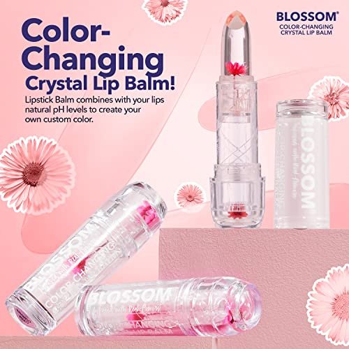 Blossom Moisturizing Custom Color Changing 2 pack, Strawberry Scented Crystal Lip Balm (Red), Shimmer Sparkle Lip Stain Tint (Blush), Infused with Real Flowers, 6g, Red/Blush