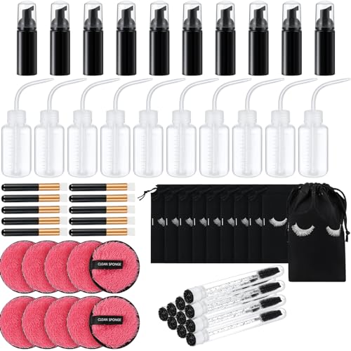 60 Pcs Lash Shampoo Brushes Set 10 Lash Shampoo Brushes 10 Mascara Tubes and Wands 10 Foam Pump Bottle 10 Rinse Bottles 10 Makeup Remover Pad 10 Aftercare Drawstring Bag(Black,10 Pcs)