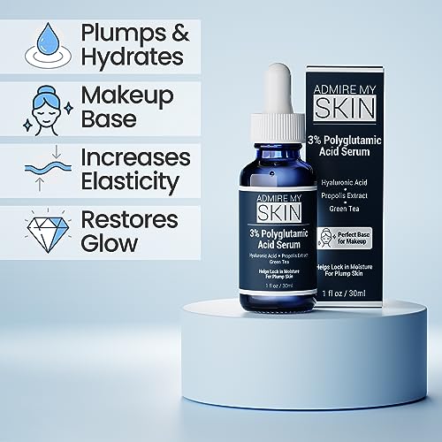 Admire My Skin Organic Polyglutamic Acid Facial Serum - Powerful Hydration & Anti Aging + Hyaluronic Acid + Propolis 1oz