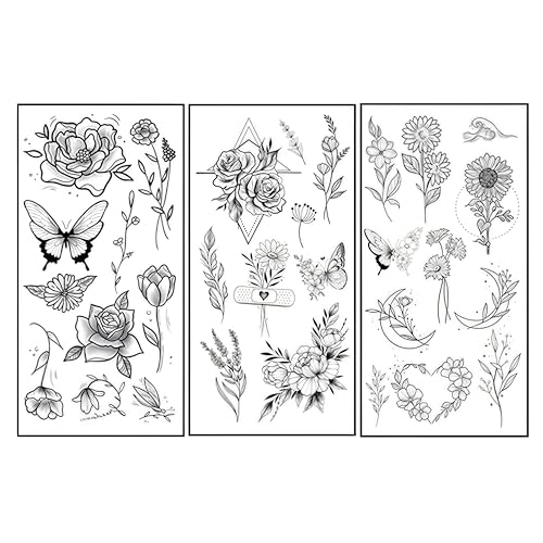Floral Bouquet Temporary Tattoos for Women - 3 Sheets, 5-7 Day Waterproof