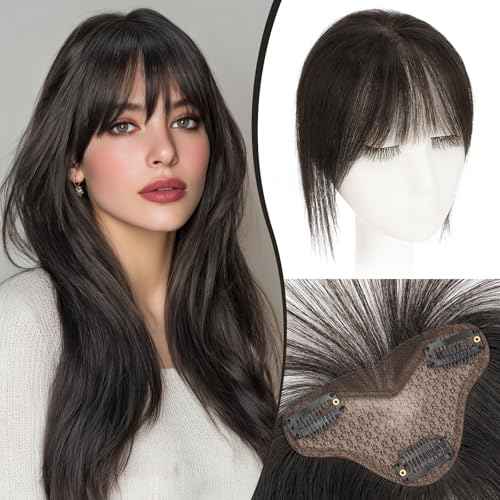 S-noilite Real Human Hair Topper with Bangs 360¡Æ3D Cover Hair Toppers for Women with Wispy Bang Natural Black Clip on Bangs for Daily Wear
