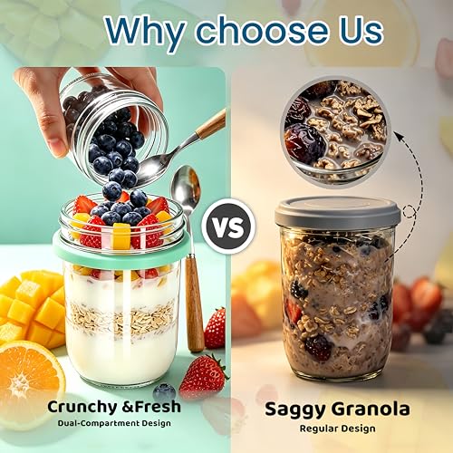 4 Pack Glass Overnight Oats Containers 20oz with Lids & Spoons
