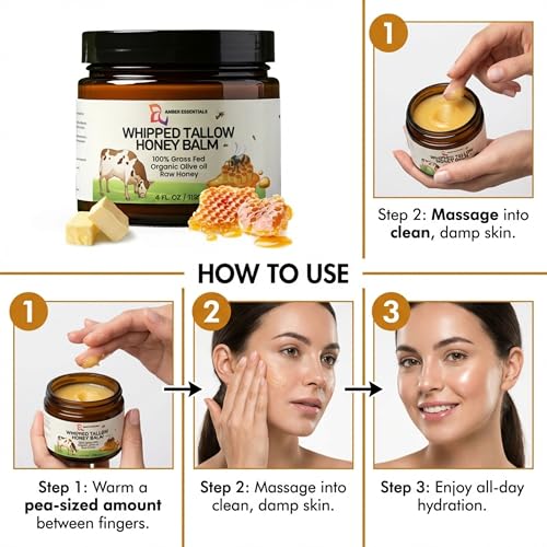 Beef Tallow & Honey Balm, All-Natural Moisturizer with Raw Honey & Olive Oil, Grass-Fed Tallow Cream for Face & Body, Deeply Nourishing Skin Care for Women & Men, Rich Moisture