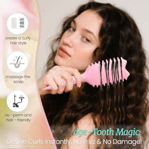 Curly Hair Brush Boar Bristles Curl Defining Brush With 2 Psc Silk Scrunchies Detangling Brush For Curly Hair Detangling Brush Styling Comb Curling Curling Brush (Pink)