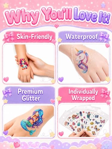 Girls 16 Sheets Glitter Temporary Tattoos - 150+ Mermaid & Unicorn Party Favors