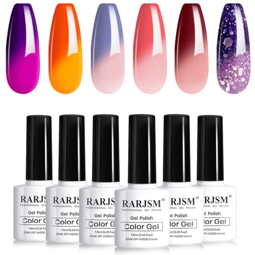 RARJSM Color Changing Gel Nail Polish Set Purple Orange Blue Red Burgundy Purple Glitter 6 Colors Mood Gel Polish Color Changing Soak off UV Thermal Gel Polish for Nail Art DIY Salon at Home