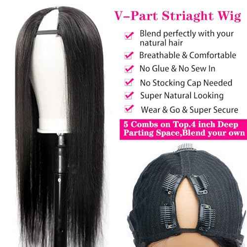 CHEETAHBEAUTY V Part Wigs Human Hair 16 Inch No Leave Out Lace Front Wigs Upgrade U Part Wigs Brazilian Virgin Straight Human Hair Wigs for Women 180% Density Natural Color