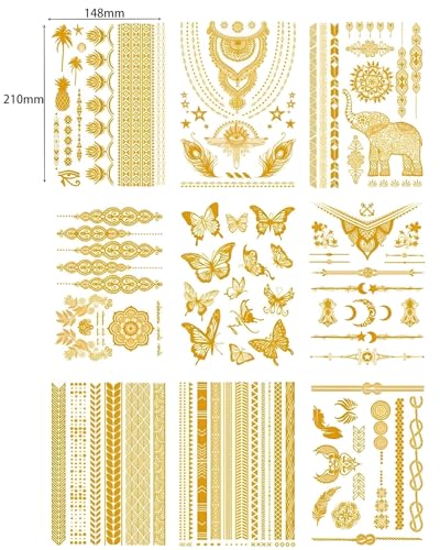 9 Sheets Gold Metallic Temporary Tattoos | 150+ Designs