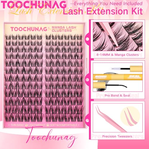 Wispy Lash Clusters Kit Spiky Manga Lashes Extension Kit 8-14mm Eyelash Clusters DIY Individual Lashes Clusters with Thin Band Cluster Eyelash Extensions Kit with Lash Glue&Tweezers by TOOCHUNAG