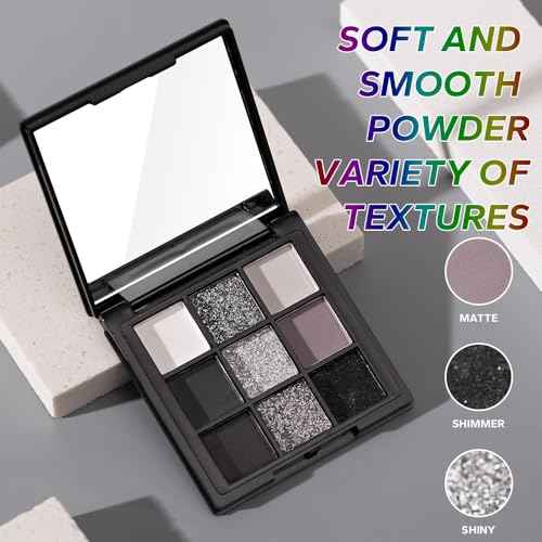 9 Color Smokey Eyeshadow Palette - Highly Pigmented Matte & Glitter Shades, Long-Lasting, Waterproof & Blendable, Black Silver Gray Eyeshadow Set for Sultry Glam (Reversal Star Smokey)