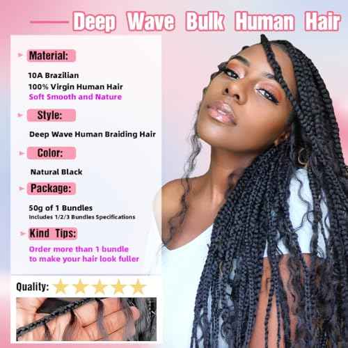 Human Braiding Hair, 3 Bundle 150g 16 Inch Boho Braids Human Hair 10A Deep Wave Bulk Brazilian Virgin No Weft Wavy Hair Extensions for Boho Bohemian Micro Braid Bulk for Braiding Natural Black