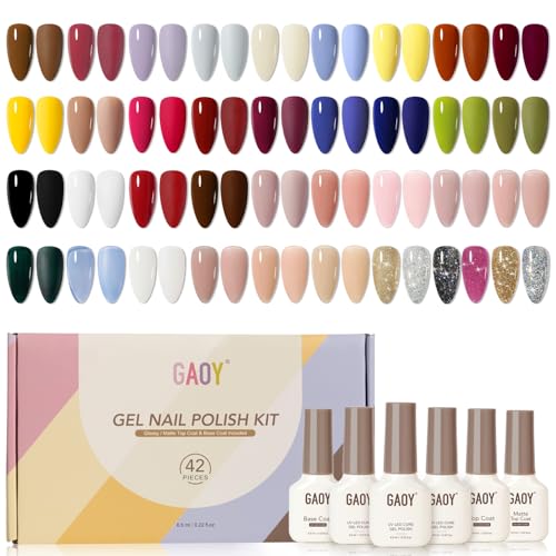 GAOY 42 Pcs Gel Nail Polish Set with Blue, Green & Red Colors - All Seasons UV Gel Series