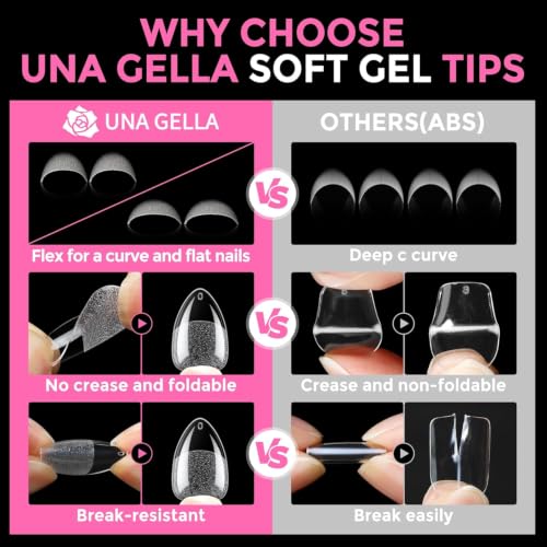 UNA GELLA Short Almond Gel Nail Tips Kit — 216 Pcs Pre-Etched Nails with Air-Dry Glue for Beginners