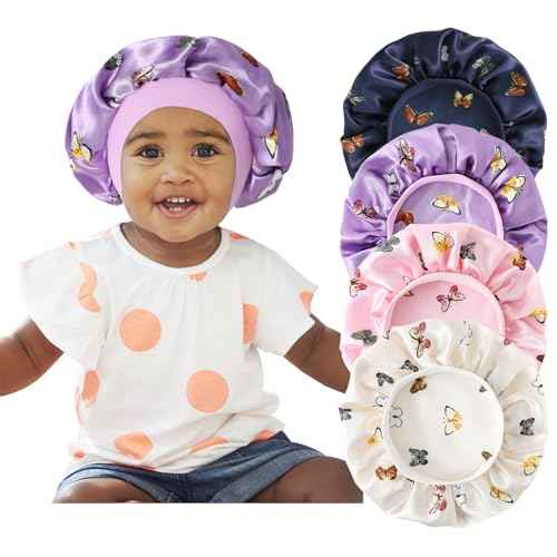 4 Pcs Silk Bonnet for Sleeping Kids Bonnets for Girls Baby Satin Sleep Cap Hair Wraps for Curly Natural Hair Elastic Wide Band,Butterfly