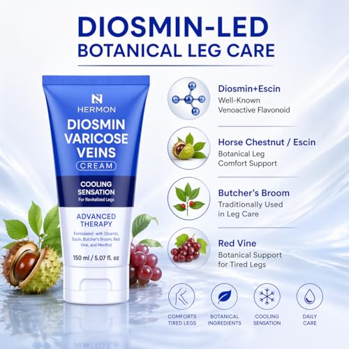 Hermon Diosmin Varicose Veins Relief Cream for Legs - Fast-Acting Skin Smoothing Gel, Made in Italy, 5.07 Fl Oz
