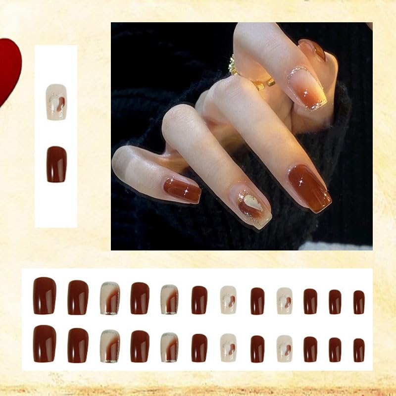 Press nails,HUIYUNTIAN Medium and long fake nails, perfect fit, Square fake nails, 12 sizes -24 gel fake nails set, cream red brown