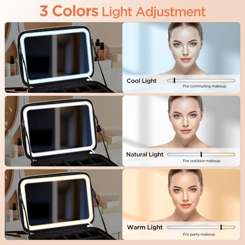IPOW Travel Makeup Bag with LED Mirror, 3 Adjustable Light Settings, Customizable Dividers, Portable Travel Organizer, USB Charging,Black, Large