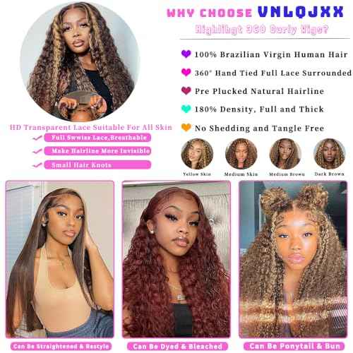 Honey Blonde 360 Lace Front Wigs Human Hair Invisi Strap Ombre Highlight Deep Wave Lace Front Wigs Human Hair Pre Plucked 180 Density 360 HD Full Lace Frontal Glueless Wigs for Women 28 Inch