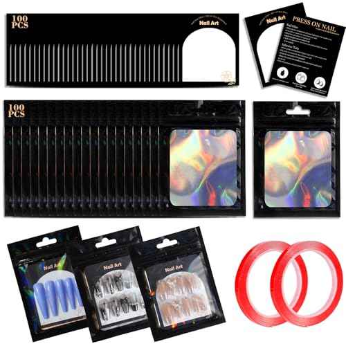 202pcs Press on Nail Packaging Bag, 100pcs Empty Holographic Nail Storage Bag and 100pcs Instruction&Display Black Cardboard with 2 Roll Transparent Tape for Nail Display Profession Salon (Black, 100)