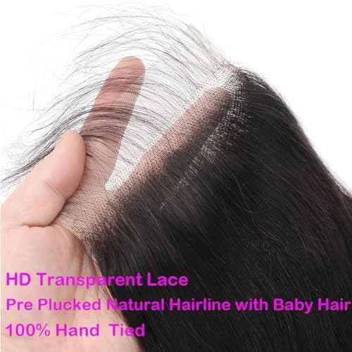 5x5 HD Transparent Straight Human Hair Lace Closure Skinlike 16inch Virgin Invisible Brazilian 5x5 Straight Human Hair Closure 100% Real Human Hair Free Part Closure Pre Plucked Natural Black Glueless