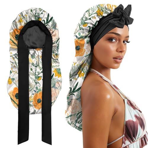 Long Satin Hair Braid Bonnet for Sleeping - Double Layer Silk Tie Band