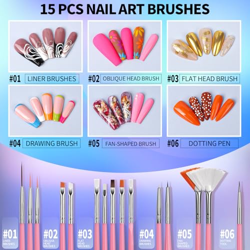 Fandamei Nail Art Tool Set - 15 Brushes, 5 Dotting Pens & Press-On Stands