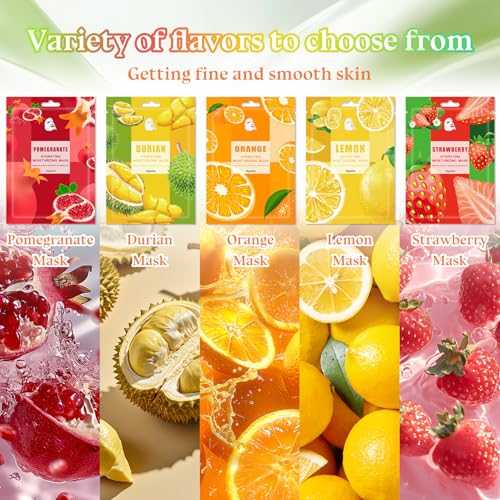 20PCS Hydrating Face Masks,Moisturizing Facial Masks for Women and Men,Fruit Overnight Facial Sheet Mask,Lightweight and Non-greasy Face Sheet Mask for All Skin Type 12