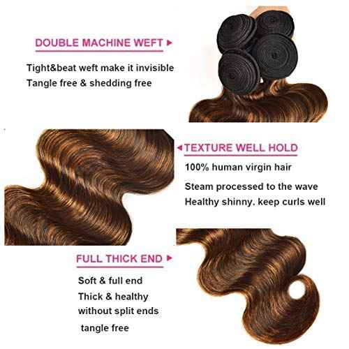 UNice Ombre Brown Highlight Body Wave Human Hair Weave 1 bundle 16 inch, Brazilian Remy Hair Dark Root Blonde Human Hair Weaves Extension Piano Color TFB30