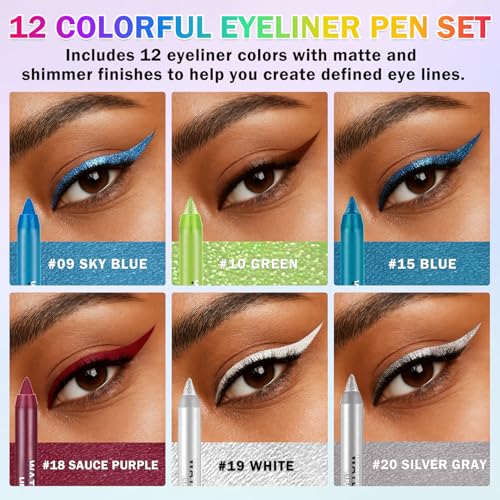 12-Color Eyeliner Pencil Set - Waterproof Matte & Metallic