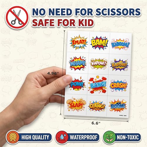 96 PCS Comic Temporary Tattoos for Kids | Pre-Cut Boom Wow Pow