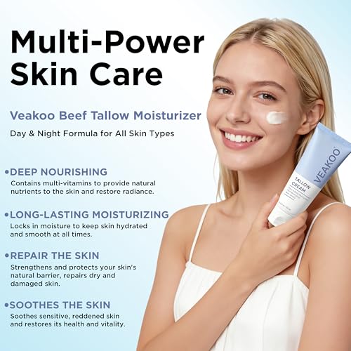 Veakoo Beef Tallow for Skin, Whipped Beef Tallow Cream, Unscented Face Moisturizer in Tube, Organic Grass Fed Tallow and Honey Balm for Nourishing Dry, Oily, Combination, and Normal Skin